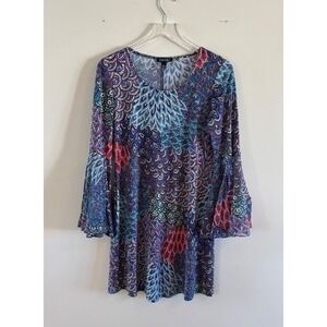 Roz & Ali Womens Small Blue Paisley Peacock Print Bell Sleeve Shift Dress